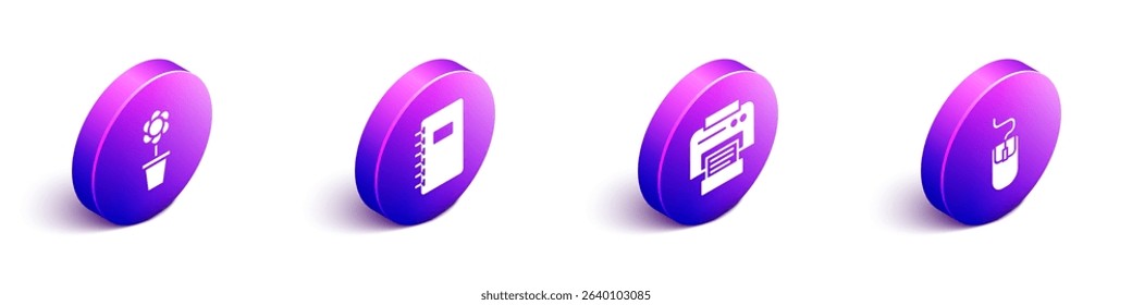 Set Isometric Flower in pot, Spiral notebook, Printer and Computer mouse icon. Vector