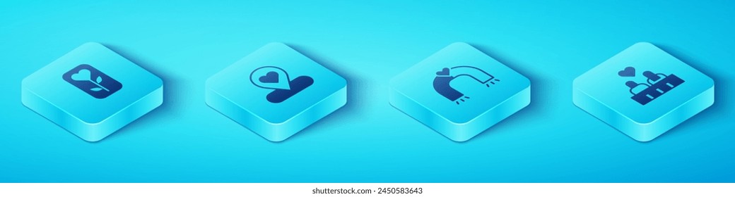 Conjunto Flor isométrica rosa, Locación con corazón, Pareja en el amor y el icono del imán del amor. Vector