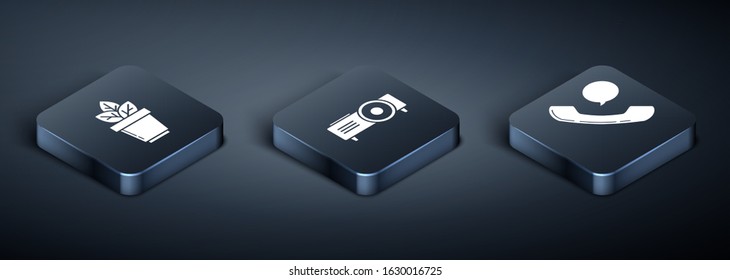 Set Isometric Flowers in pot, Telephone handset and speech bubble chat and Presentation, movie, film, media projector icon. Vector