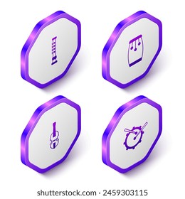 Set Isometric Flute, Conga drums, Violin and Drum with sticks icon. Purple hexagon button. Vector