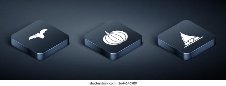 Set Isometric Flying bat , Witch hat  and Pumpkin  icon. Vector
