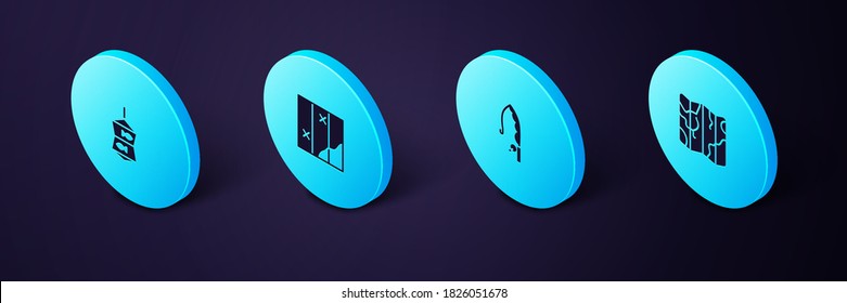 Set Isometric Folded map, Fishing rod, and net with fish icon. Vector.