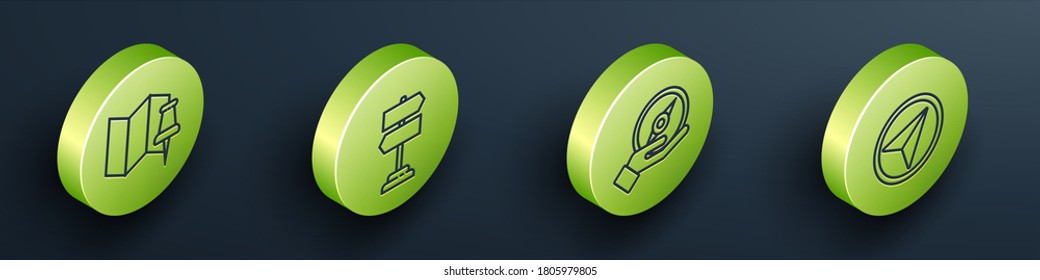 Set Isometric Folded map with push pin, Road traffic sign, Compass and Infographic of city map navigation icon. Vector