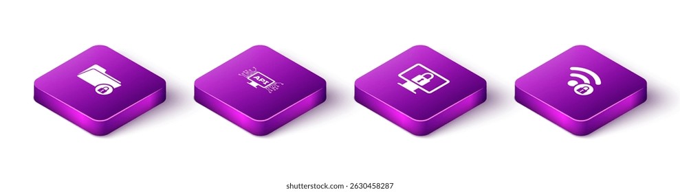 Set Isometric Folder and lock, Computer api interface, Lock on monitor and Wifi locked icon. Vector