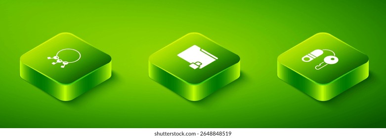 Set Isometric Folder and lock, House with key and Bunch of keys icon. Vector