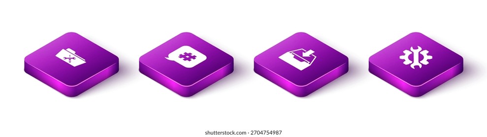 Set Isometric Folder service, Hashtag speech bubble, Download inbox and Wrench and gear icon. Vector