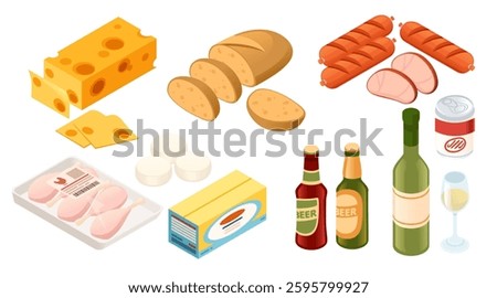 Set of Isometric food assortment. Food in and without packages. Beverages, raw and prepared foods for supermarkets and grocery stores. Vector illustration isolated on white background.