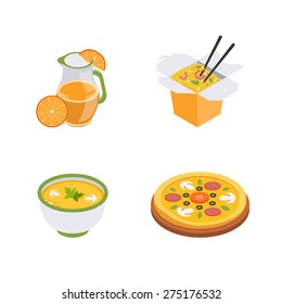  Set of  isometric food icons, fast food. Wok, pizza, juice and soup.