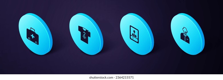 Set Isometric Football or soccer commentator, card, jersey and t-shirt and First aid kit icon. Vector