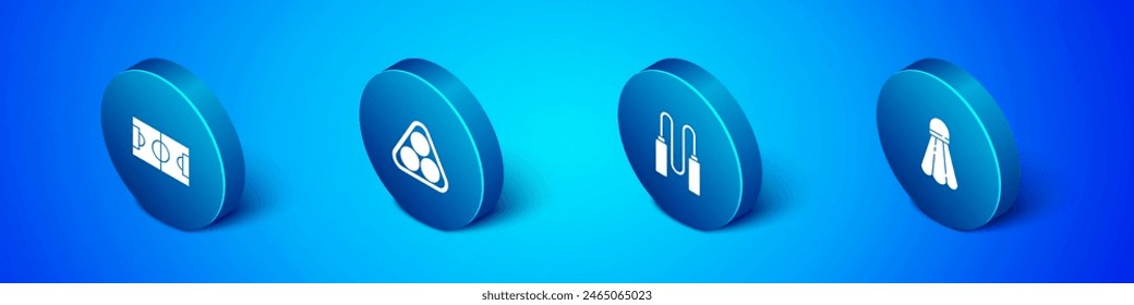 Set Isometric Football or soccer field, Jump rope, Badminton shuttlecock and Billiard balls rack triangle icon. Vector