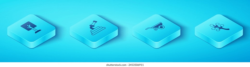 Set Isometric Forest, Garden hose, Blossom tree branch and Wheelbarrow with dirt icon. Vector