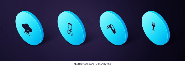 Set Isometric Fork, mezclador eléctrico, licuadora y sombrero de chef icono. Vector
