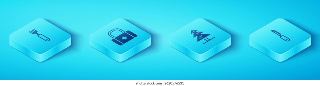 Set Isometric Fork, First aid kit, Knife and Tree icon. Vector