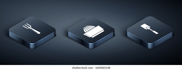 Isometrische Gabel , Spatula und Zitrus Fruchtsaft Symbol setzen. Vektorillustration