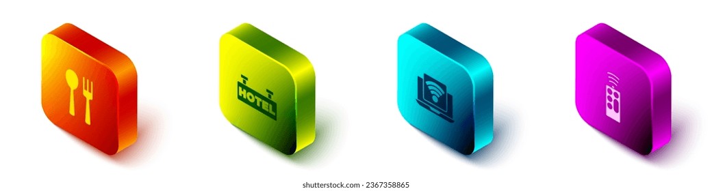 Indique la horquilla y cuchara isométricas, la cartelera con el mensaje de texto Hotel, el portátil inalámbrico y el icono de control remoto. Vector