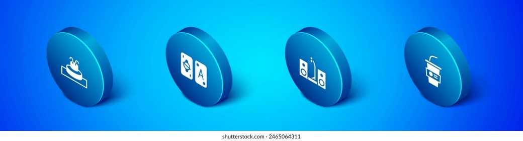Set Isometric Fountain, Home stereo with two speakers, Paper glass water and Tarot cards icon. Vector