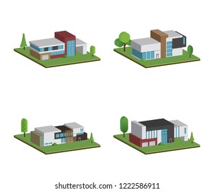 Set of isometric four houses and modern houses design, 3D modern building and architecture with ground, Vector collection of 3D home illustration on white background.