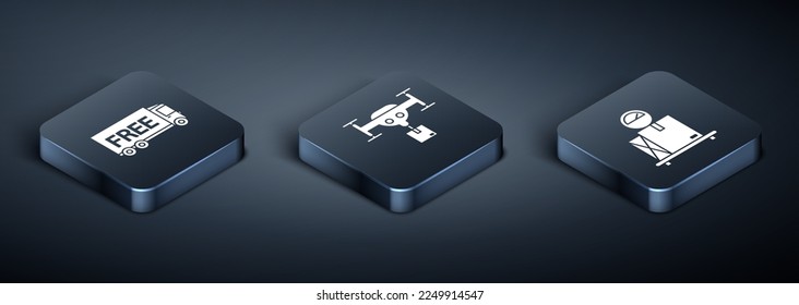 Set Isometric Free delivery service , Scale with cardboard box  and Delivery drone with the package  icon. Vector