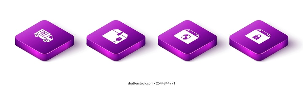 Set Isometric Free delivery service, Delivery box with fragile content, security shield and Locked package icon. Vector