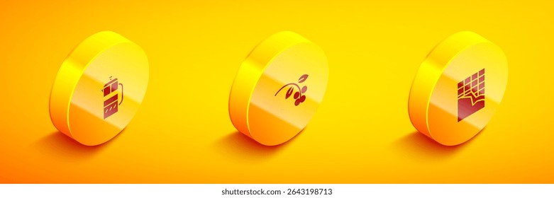 Set Isometric French press, Coffee bean, branch and Chocolate bar icon. Vector