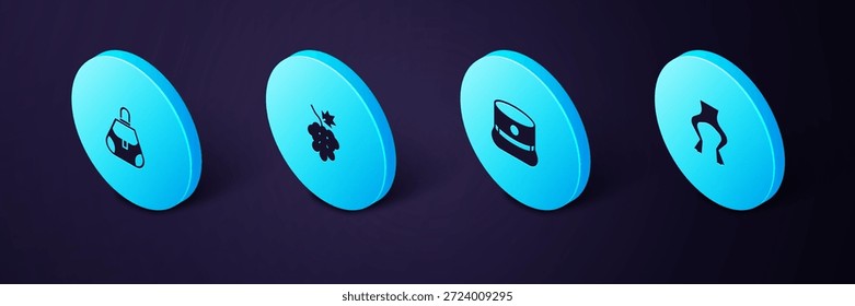 Conjunto de patas de rana isométrica, Kepi, fruta de uva e icono de bolso. Vector