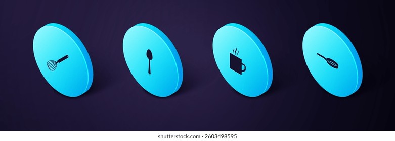 Set Isometric Frying pan, Coffee cup, Spoon and Kitchen whisk icon. Vector