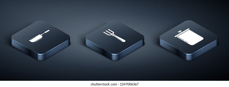 Set Isometric Frying pan , Cooking pot  and Fork  icon. Vector