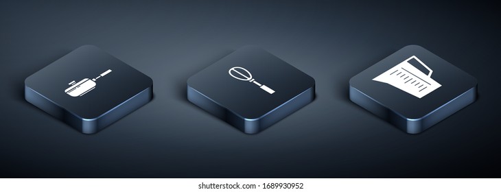 Set Isometric Frying pan , Measuring cup and Kitchen whisk  icon. Vector