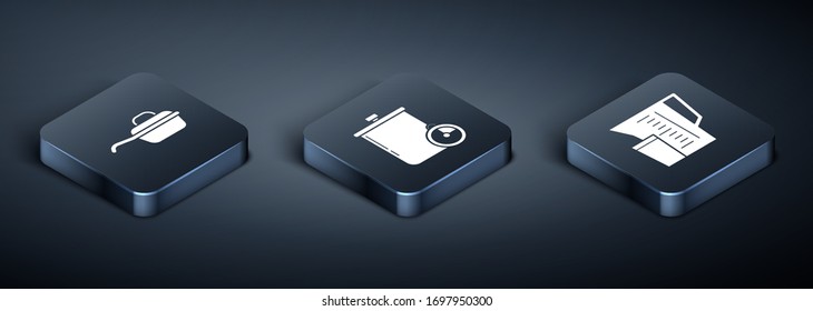 Coloque el icono de la sartén isométrica, el vaso medidor, la olla de cocina y el temporizador de cocina. Vector