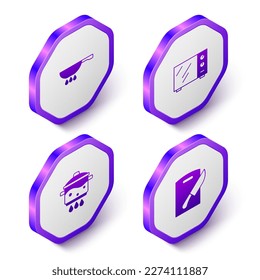 Set Isometric Frying pan on fire, Microwave oven, Cooking pot and Cutting board and knife icon. Purple hexagon button. Vector