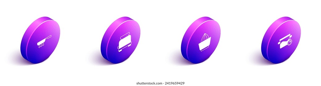 Set Isometric Frying pan, Toaster, Citrus fruit juicer and Cooking pot icon. Vector