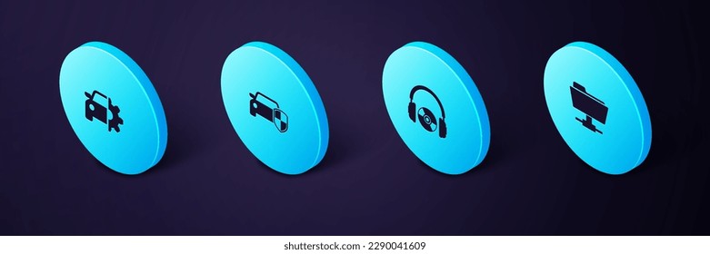 Legen Sie den idometrischen FTP-Ordner, Kopfhörer und CD oder DVD, Auto-Schutzversicherung und Service-Icon fest. Vektorgrafik