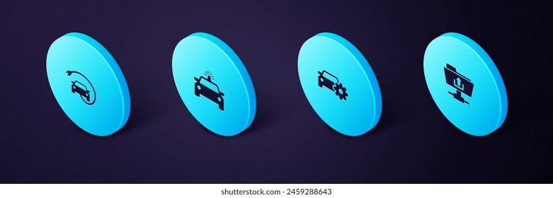 Set Isometric FTP folder upload, Car service, Police car and flasher and Electric icon. Vector