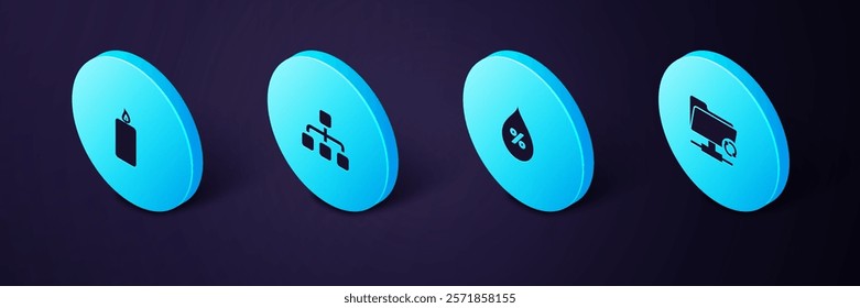 Set Isometric FTP sync refresh, Water drop percentage, Hierarchy organogram chart and Burning candle icon. Vector