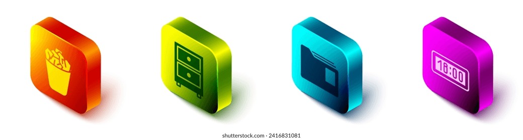 Set Isometric Full trash can, Drawer with documents, Document folder and Digital alarm clock icon. Vector