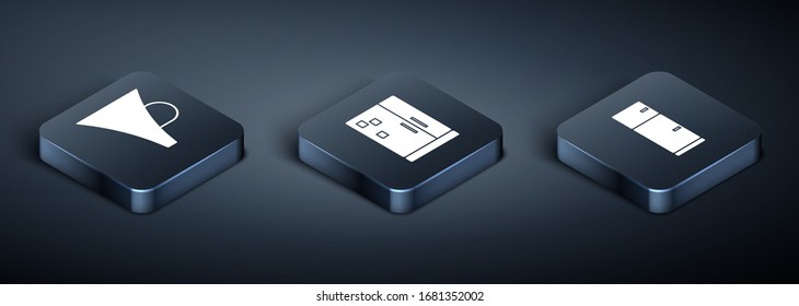 Set Isometric Funnel or filter, Refrigerator and Refrigerator icon. Vector
