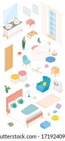 Set of isometric furniture and accessories. Vector collection. Illustration in flat design.