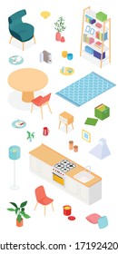 Set of isometric furniture and accessories. Vector collection. Illustration in flat design.