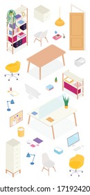 Set of isometric furniture and accessories. Vector collection. Illustration in flat design.