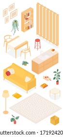 Set of isometric furniture and accessories. Vector collection. Illustration in flat design.