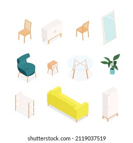 Set of isometric furniture and accessories. Vector collection. Illustration in flat design. 