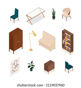 Set of isometric furniture and accessories. Vector collection. Illustration in flat design. 