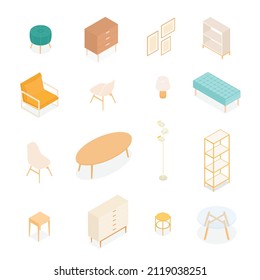 Set of isometric furniture and accessories. Vector collection. Illustration in flat design. 
