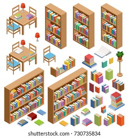 Set of isometric furniture for library. Books. Vector illustration