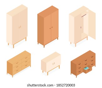 Satz isometrischer Möbel. Vektorgrafik-Kollektion. Illustration im flachen Design.