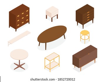 Set of isometric furniture. Vector collection. Illustration in flat design.