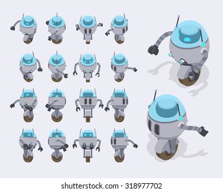 Set of the isometric futuristic robots. The objects are isolated against the light-gray background and shown from different sides