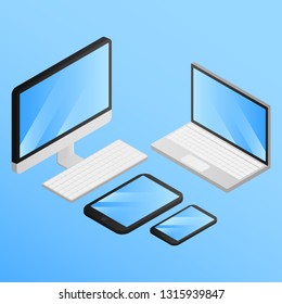Set of isometric gagets vector illustration. Computer, Laptop, Tablet and Mobile Phone Isolated. Devises empty screen of smartphone, pc monitor. Portable and wireless electronic