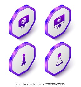 Set Isometric Game dice, Chess and Chip for board game icon. Purple hexagon button. Vector
