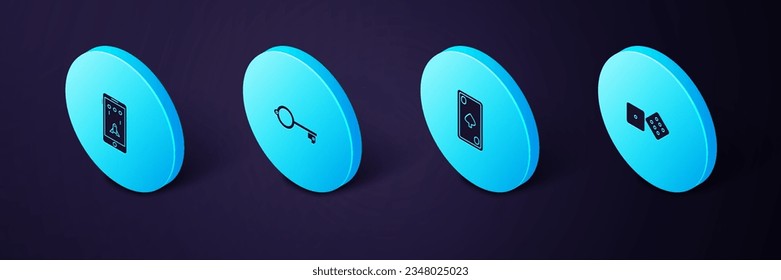 Set Isometric Game dice, Playing card with diamonds, Ancient key for game and Mobile and playing icon. Vector